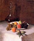 Wine Canvas Paintings - A Carafe of Wine and Plate of Fruit on a White Tablecloth